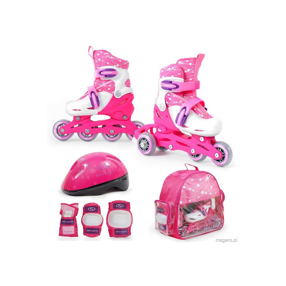 Zestaw COMBO PINK LED: 2w1 wrotki rolkI regulowane + kask + ochraniacze + torba