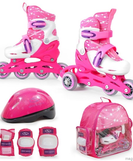 Zestaw COMBO PINK LED: 2w1 wrotki rolkI regulowane + kask + ochraniacze + torba